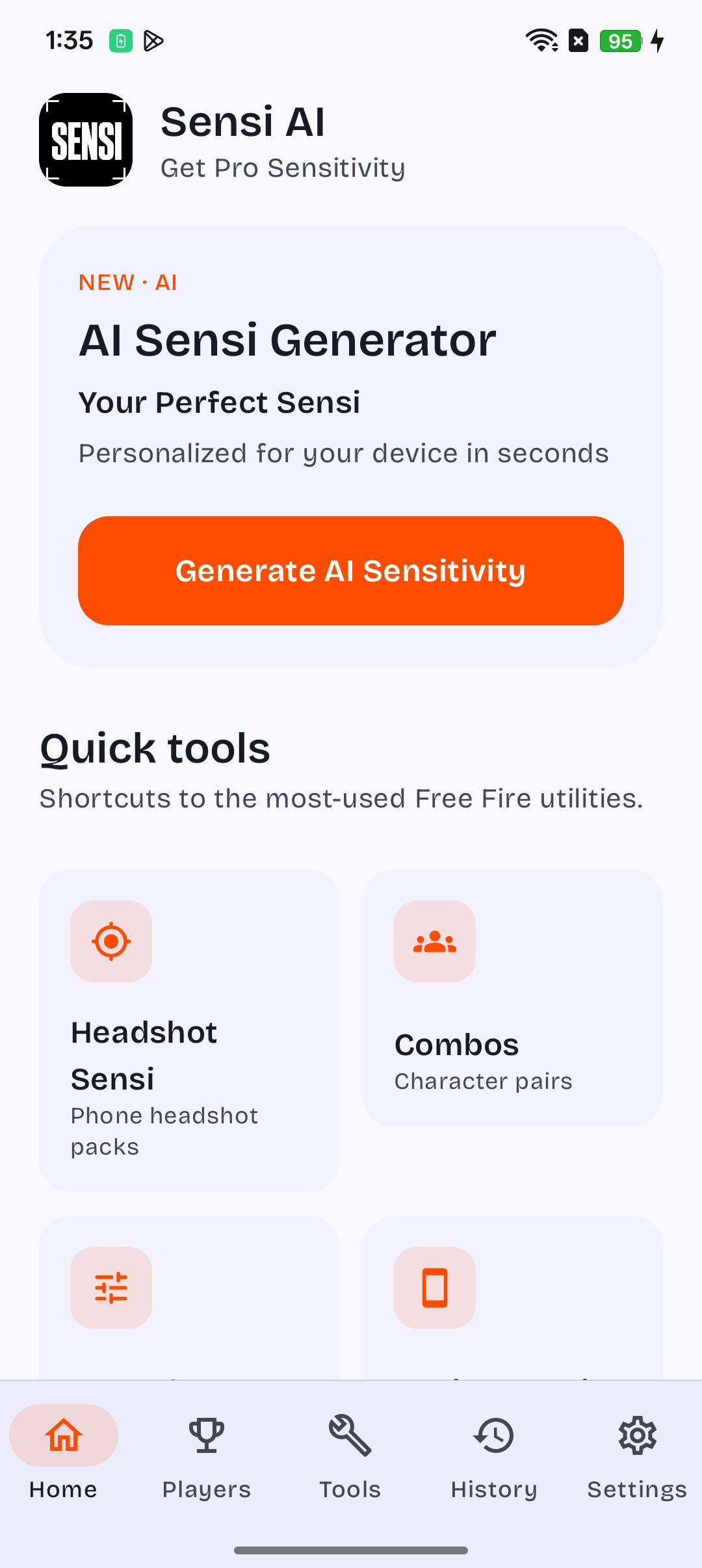 Sensi AI home screen with Generate AI Sensitivity and quick tools for Headshot Sensi, Combos, DPI, and Device Sensi.
