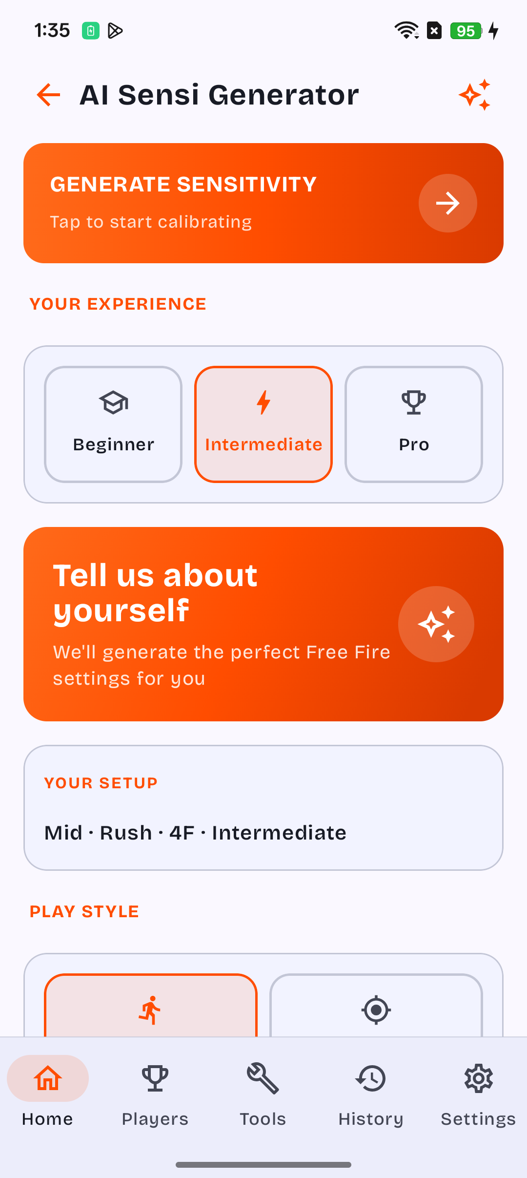 AI Sensi Generator with Generate Sensitivity at the top, experience choices, and playstyle options.