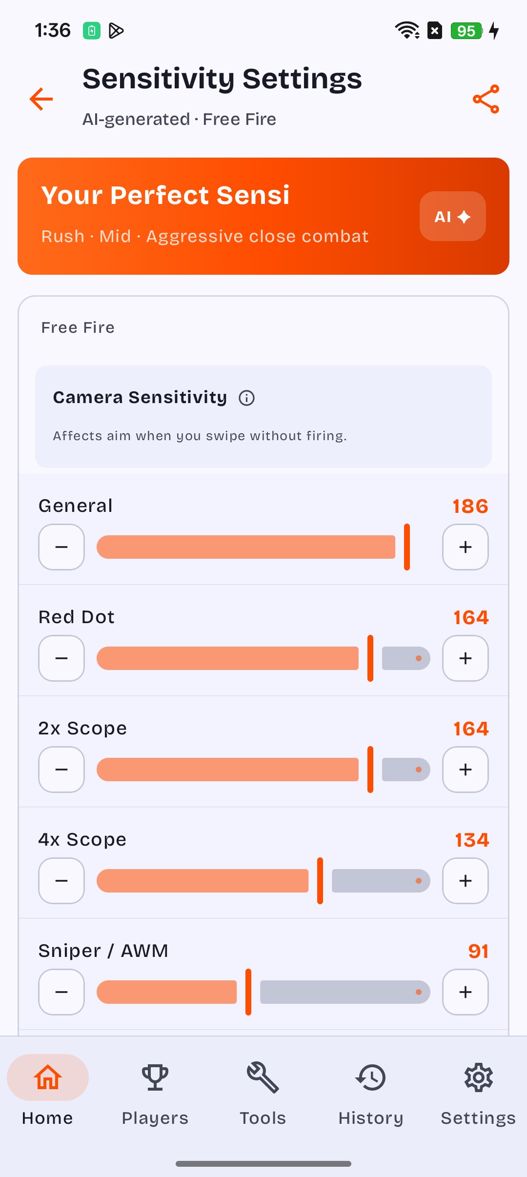 Sensitivity result listing General, Red Dot, 2x Scope, 4x Scope, and Sniper/AWM values.