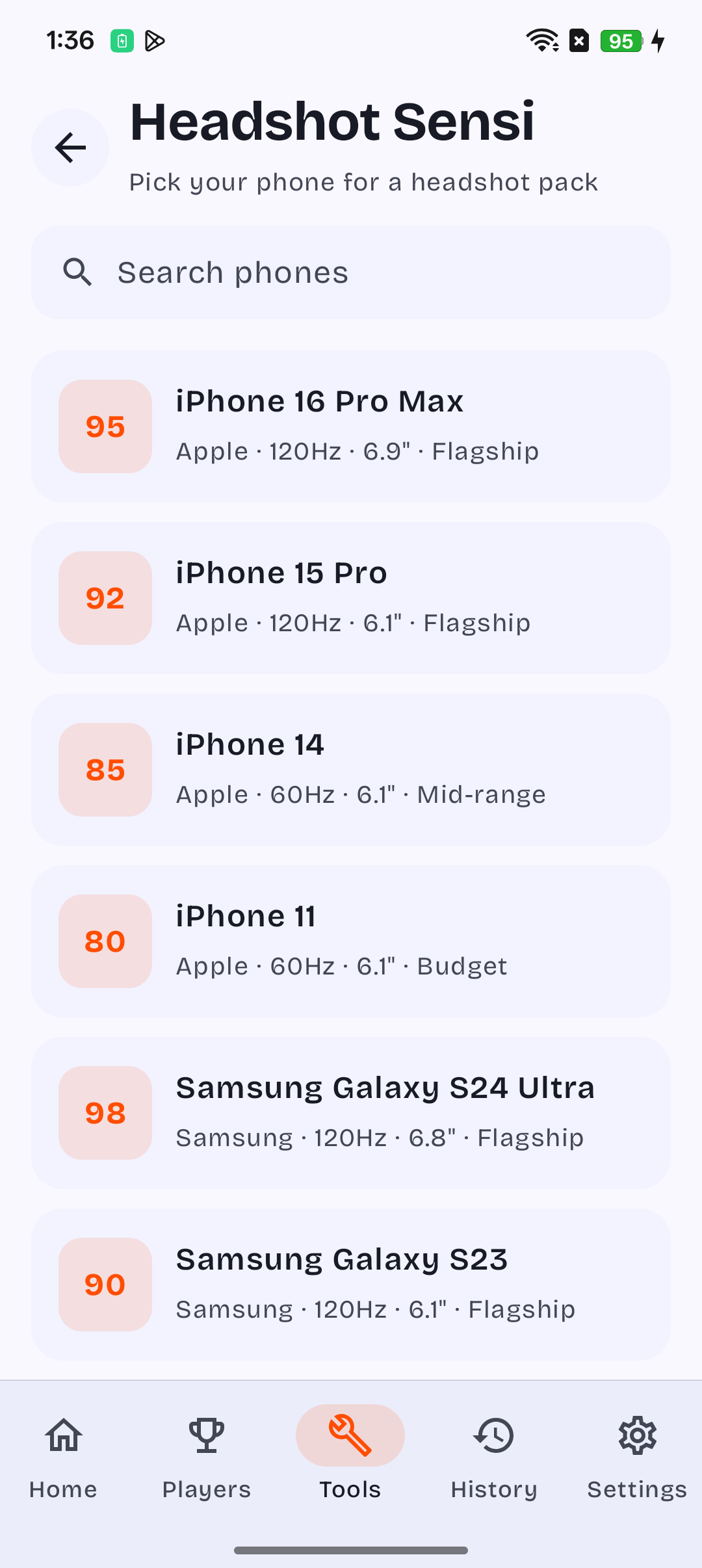 Headshot Sensi list of phones, each showing a headshot general value.